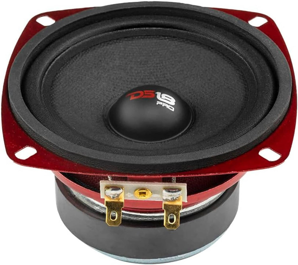 4-inch midrange loudspeaker top view with red basket and rear terminals