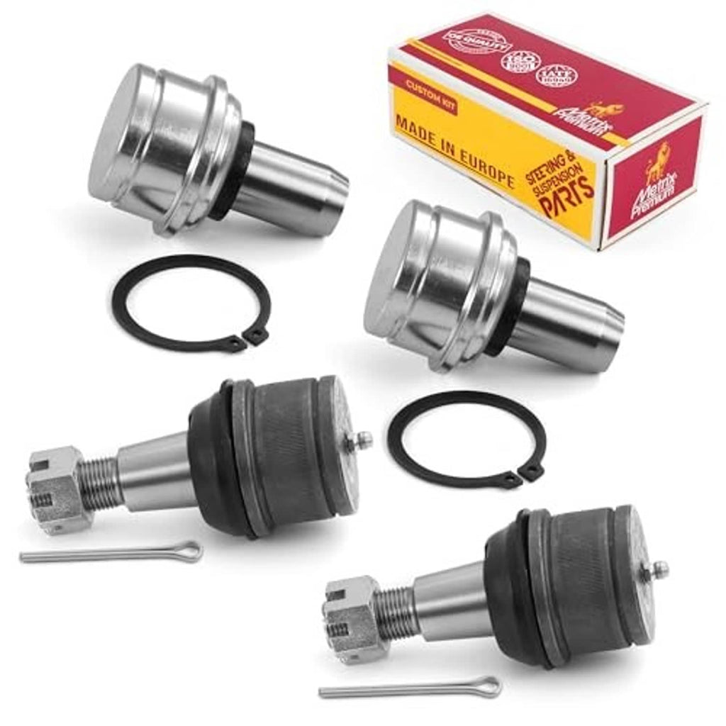 Ball joint kit set with two metal ball joints, black boots, O-ring seals, and tools