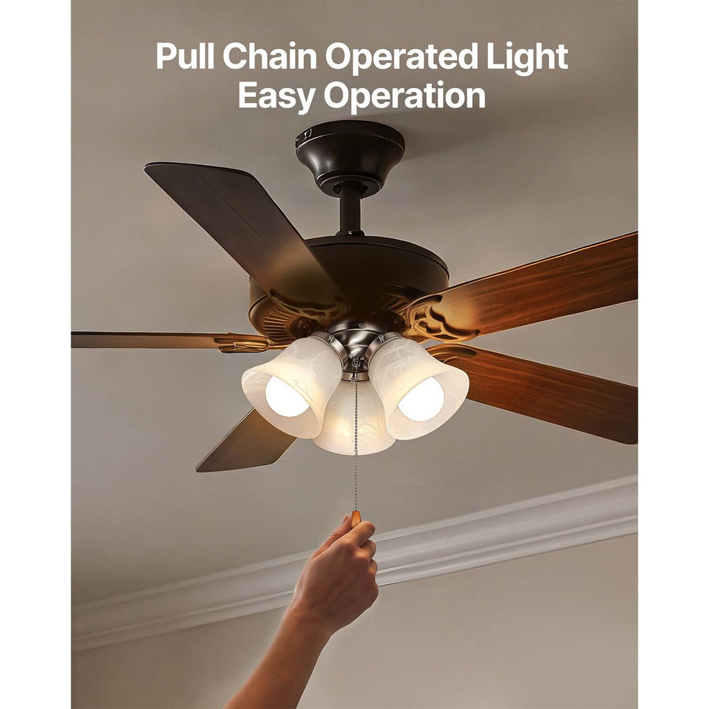 Pull chain operated 3-light ceiling fan light kit with white glass shades