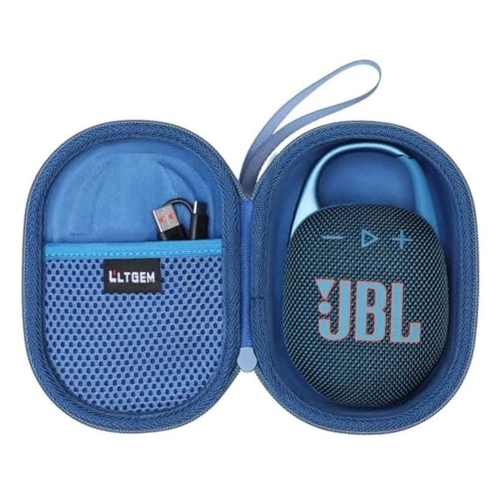 Blue zippered speaker case with open compartments, mesh pocket, and wrist strap loop
