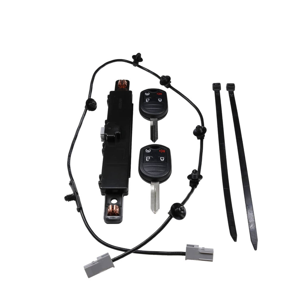 Remote car start kit components: module, two key fobs, wiring harness, and two mounting rails