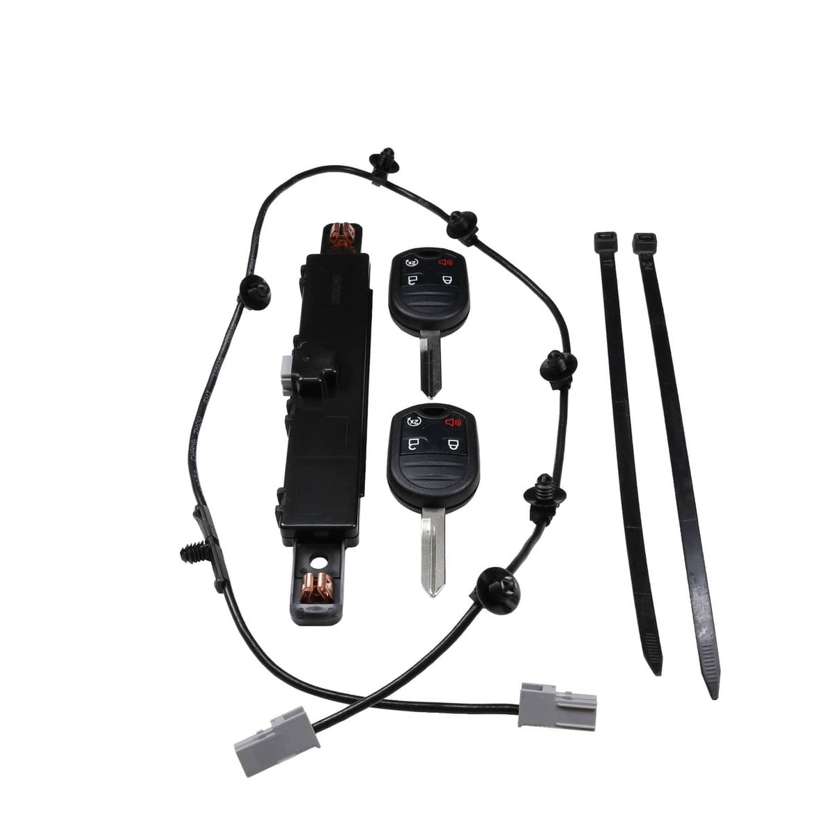 Remote car start kit components: module, two key fobs, wiring harness, and two mounting rails