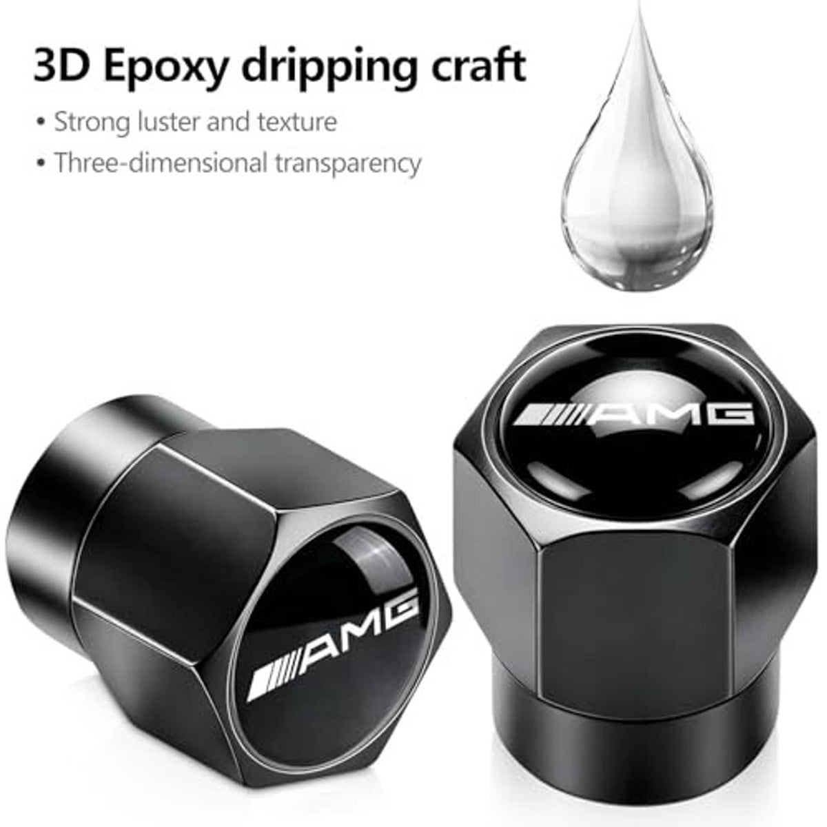 Black and silver metal tire valve stem caps with AMG emblem, angled view