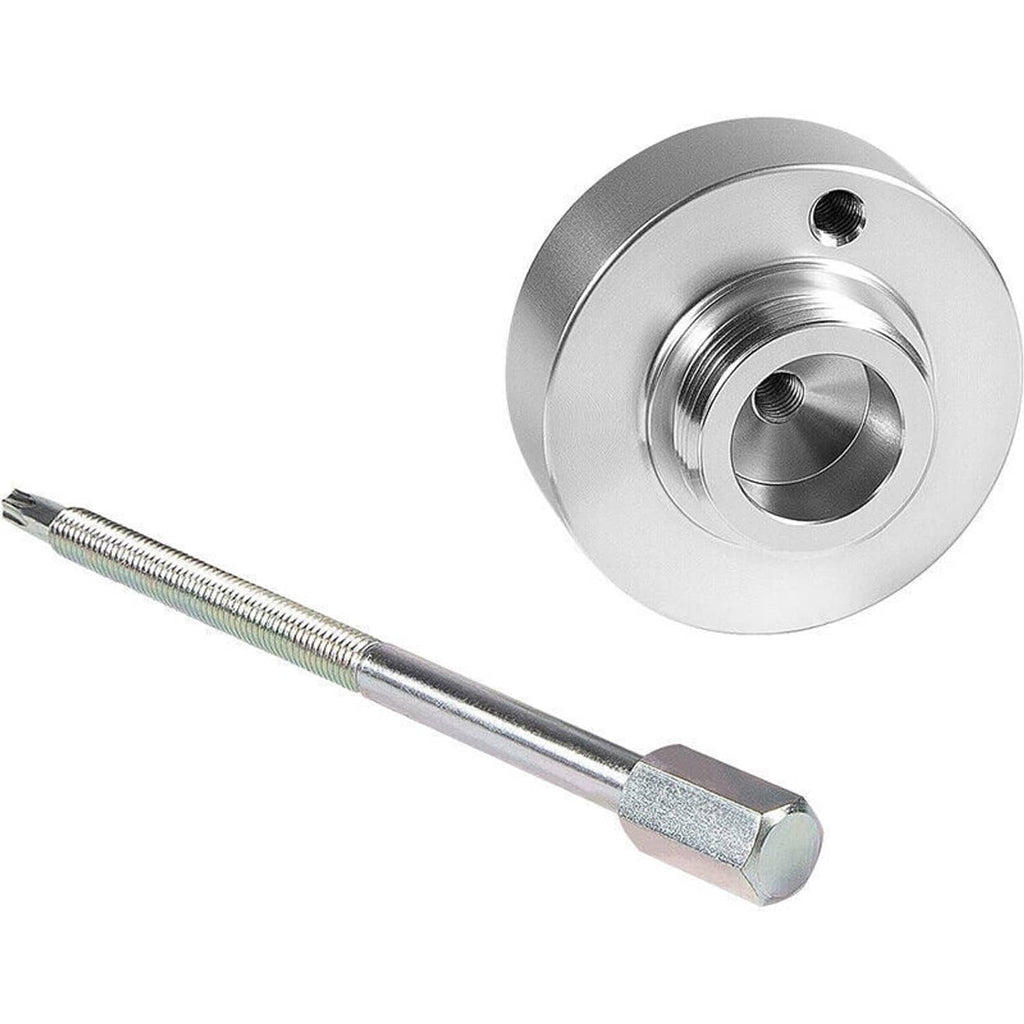 Clutch puller tool with round plate featuring center hole and attached threaded rod