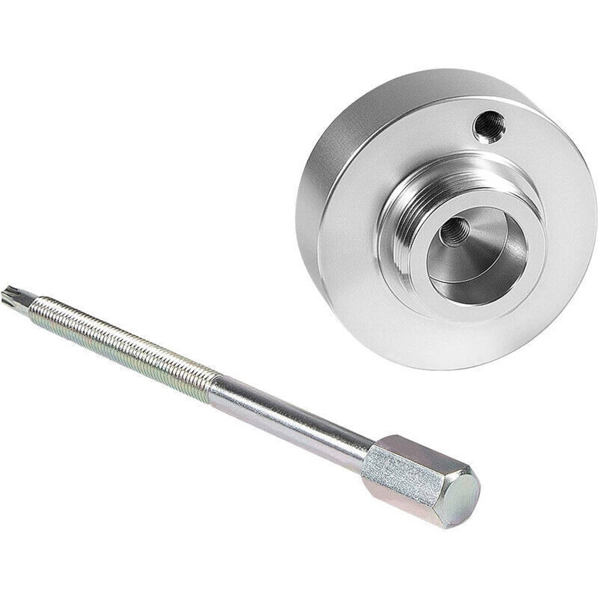 Clutch puller tool with round plate featuring center hole and attached threaded rod
