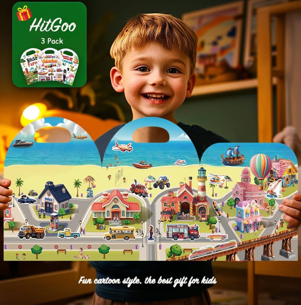 3-pack reusable sticker books for toddlers with Vehicles themes and colorful sticker scenes