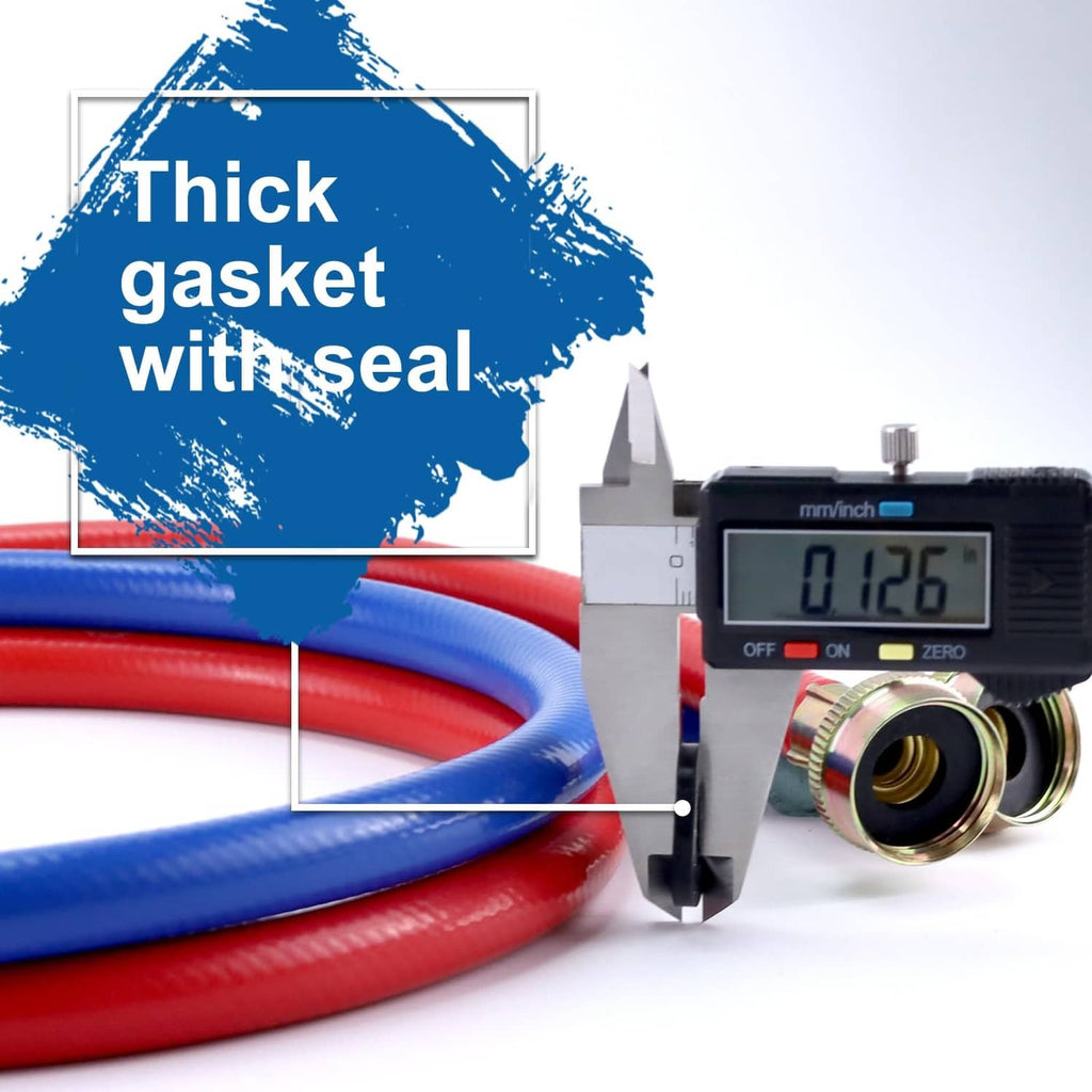 Washer hose set with blue and red lines, brass threaded connectors, and thickness gauge