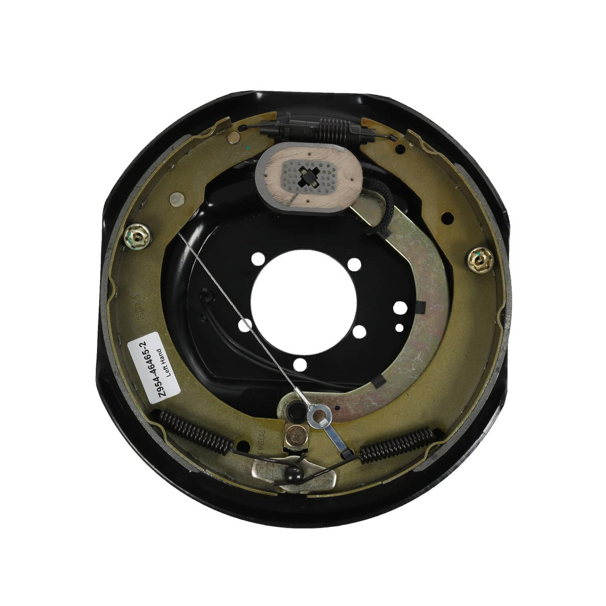 Electric trailer brake assembly viewed from rear, black and gold backing plate
