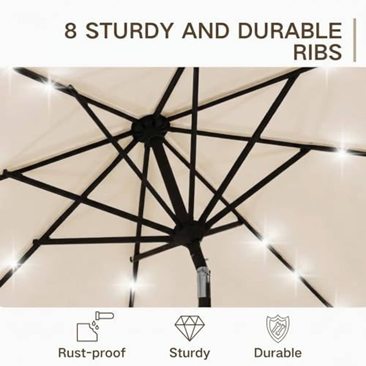 Underside view of beige patio umbrella canopy with LED lights and metal ribs