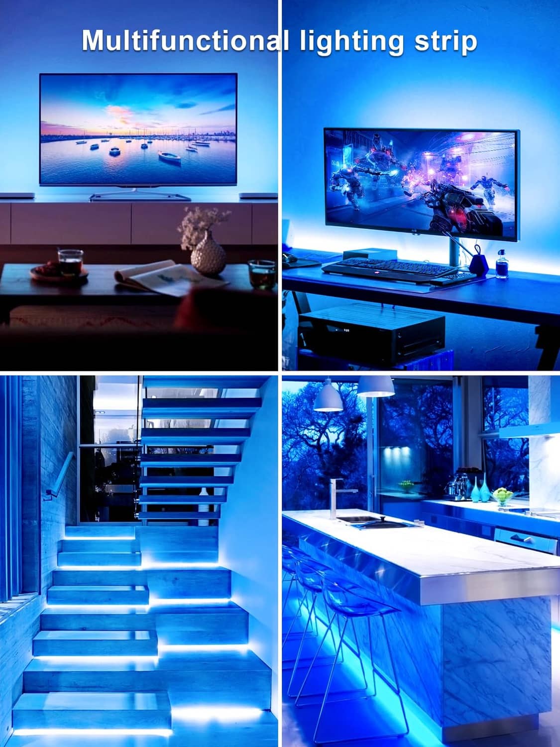 Multifunctional LED lighting strip kit for room and TV backlight with blue glow