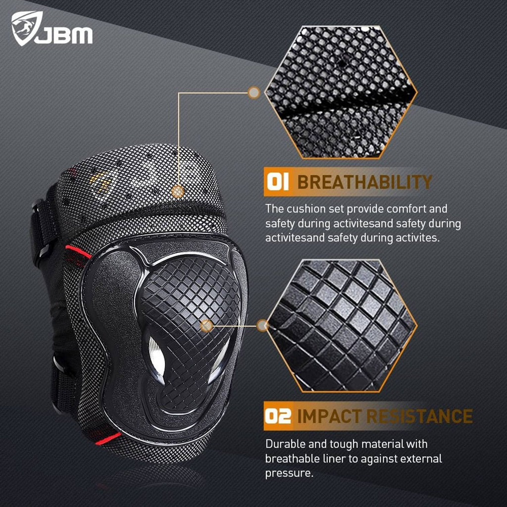 Black knee pad with textured fabric backing and molded protective shell, with red trim.