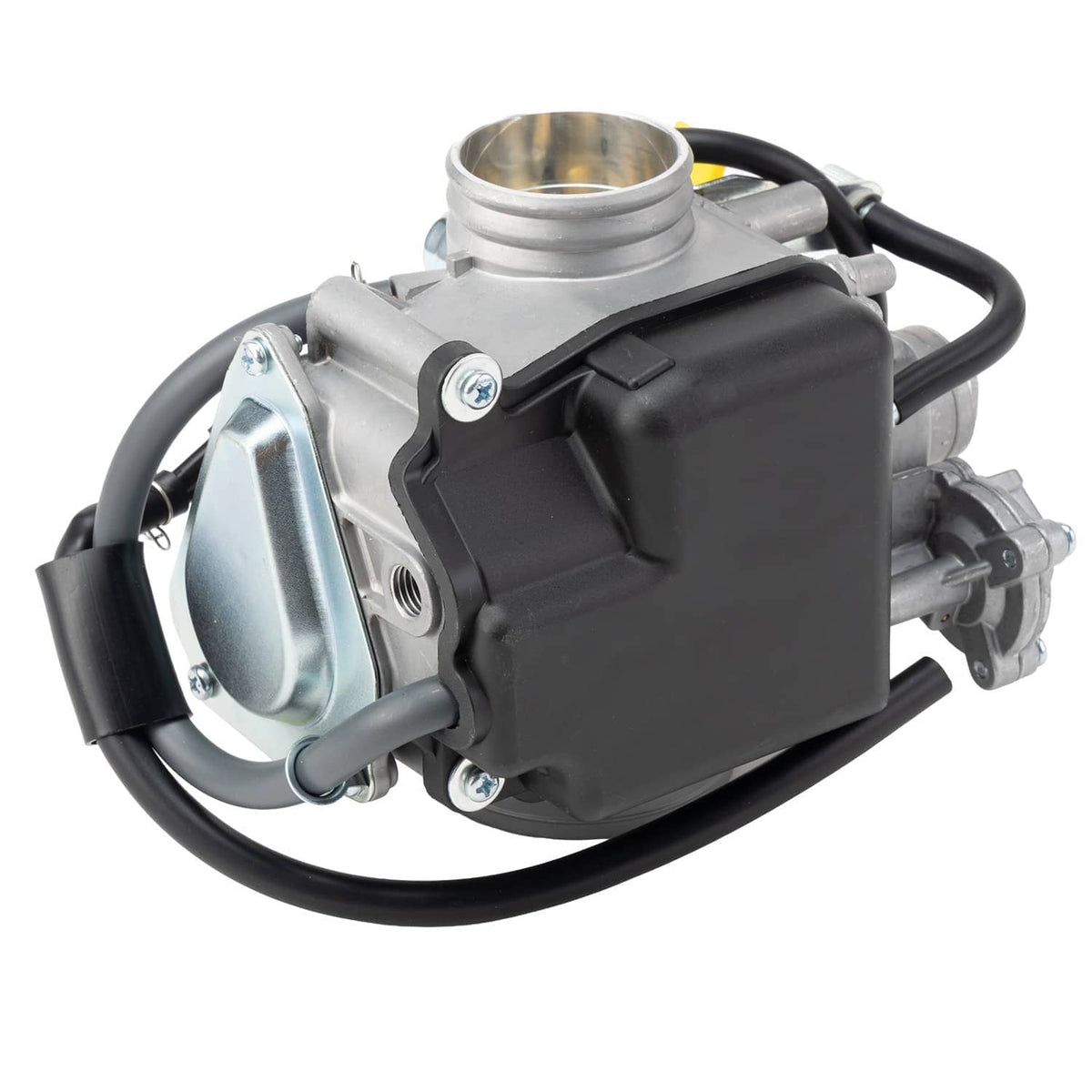 Carburetor carb assembly with black housing, intake boot, and fuel hoses