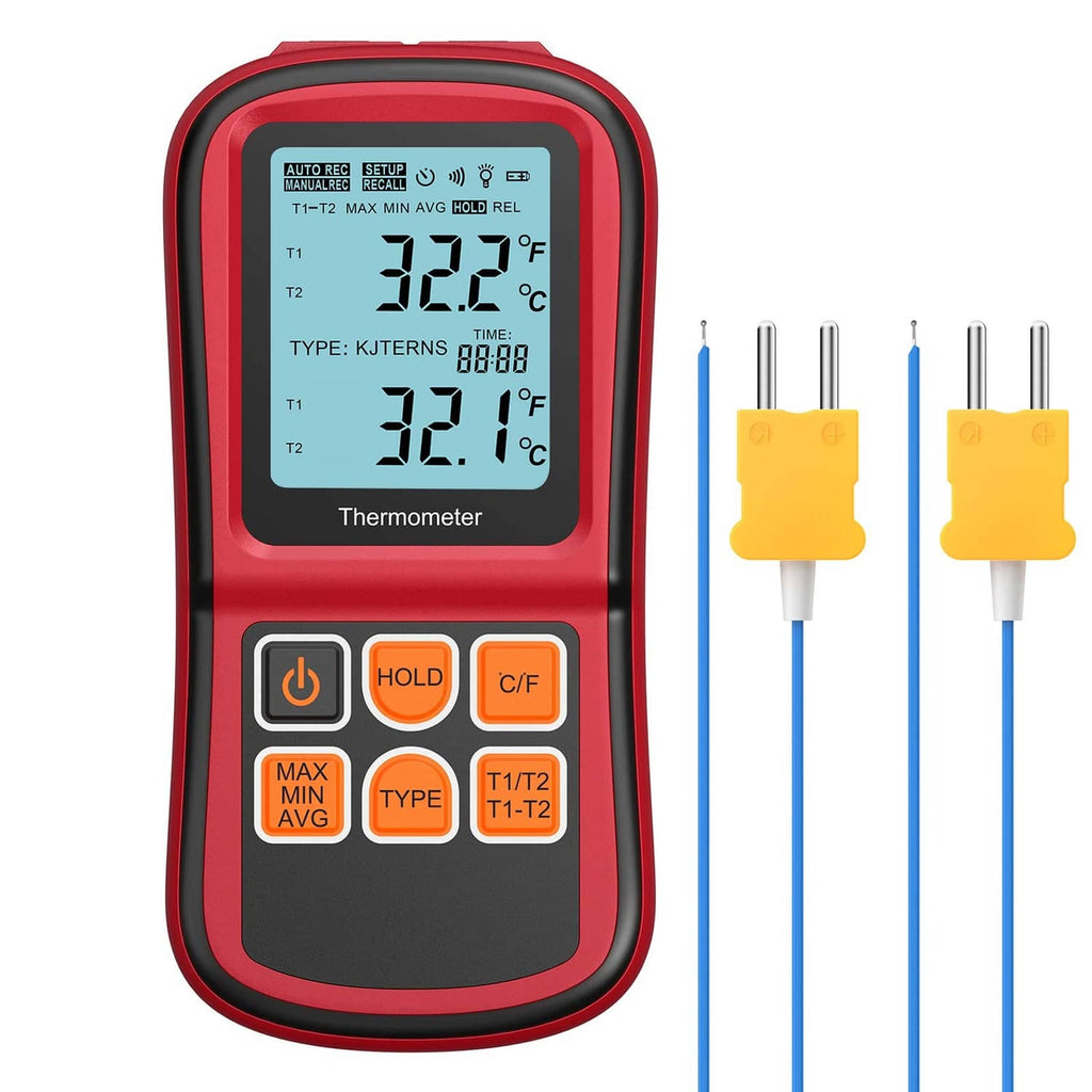 Red digital dual-channel thermometer with dual display and two K-type thermocouple probes