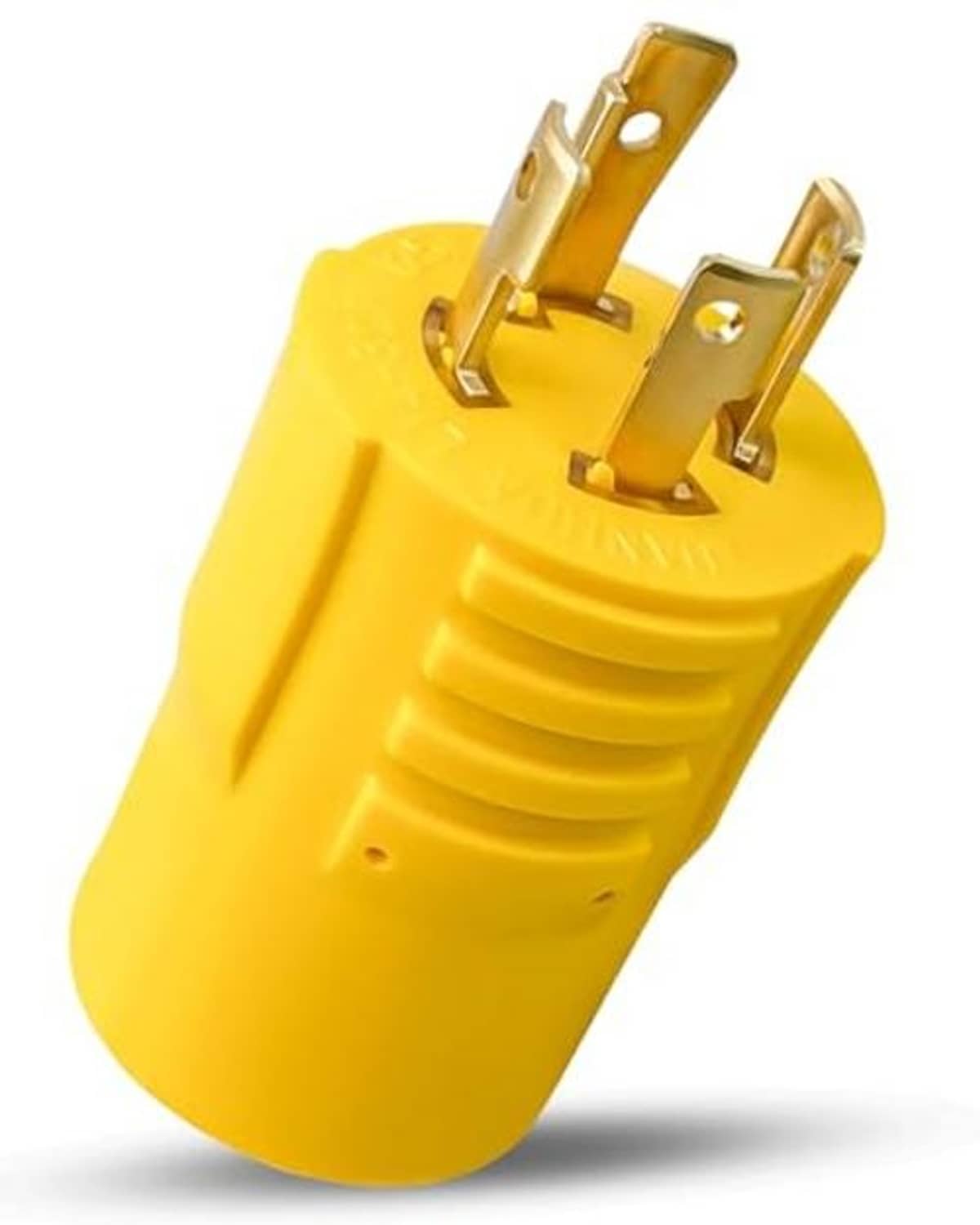 Yellow NEMA-style adapter plug with gold prongs and molded body, angled view