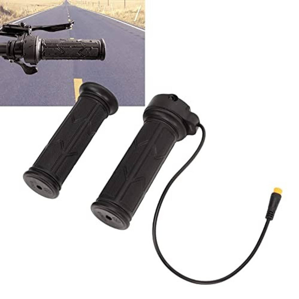 Black e-bike thumb throttle grips set with cable and orange-tipped connector.