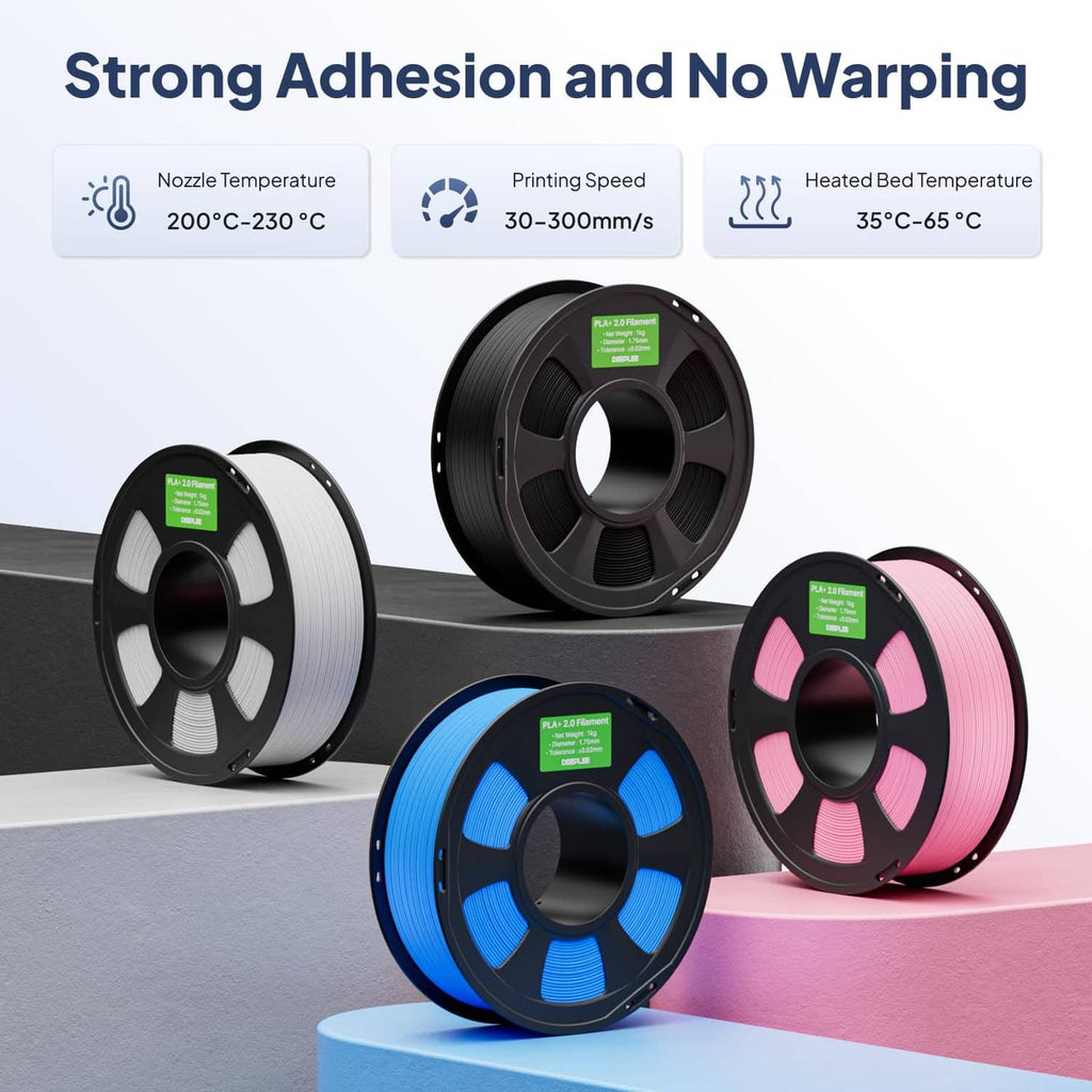 Set of PLA+ filament spools in white, black, blue, and pink with coiled strands