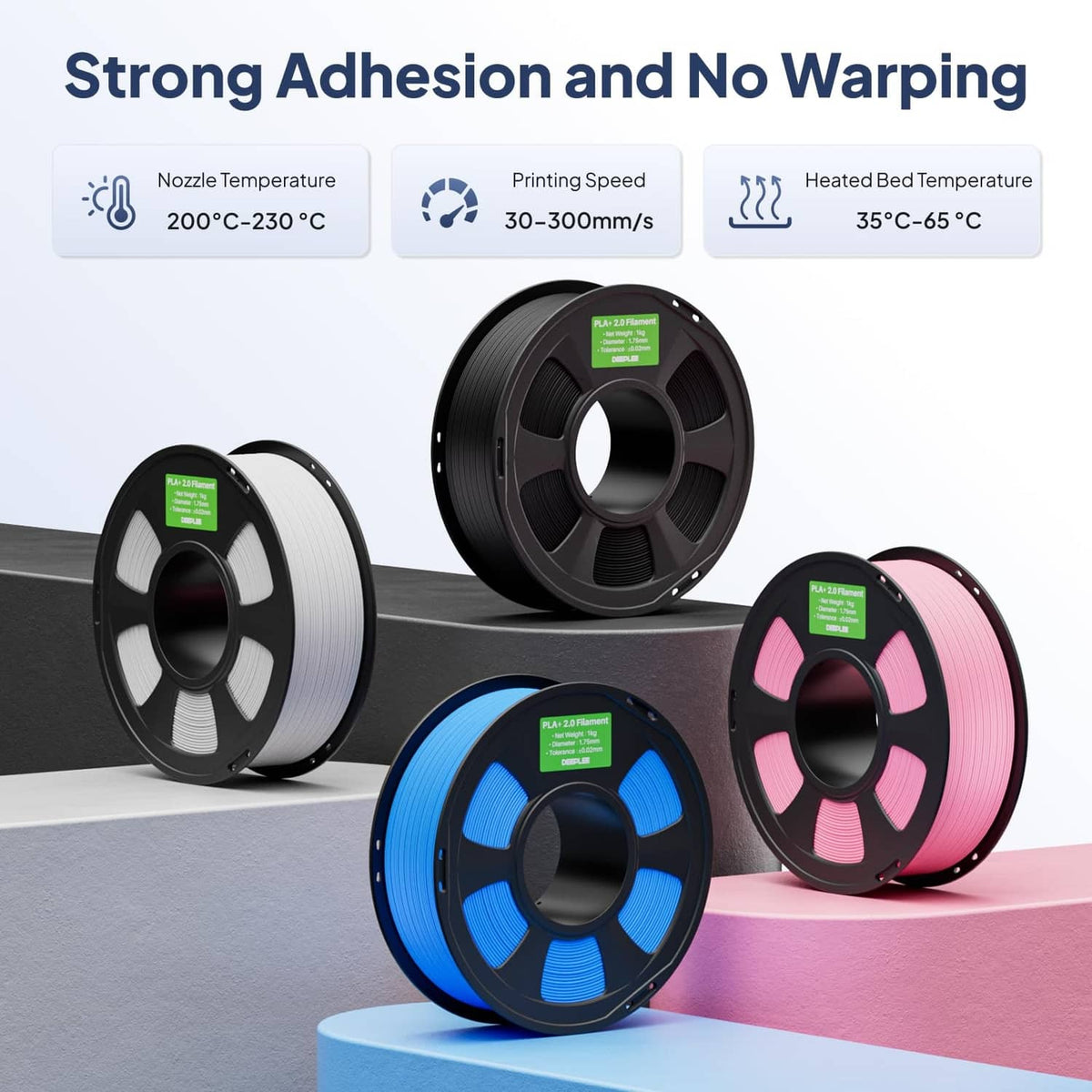 Set of PLA+ filament spools in white, black, blue, and pink with coiled strands