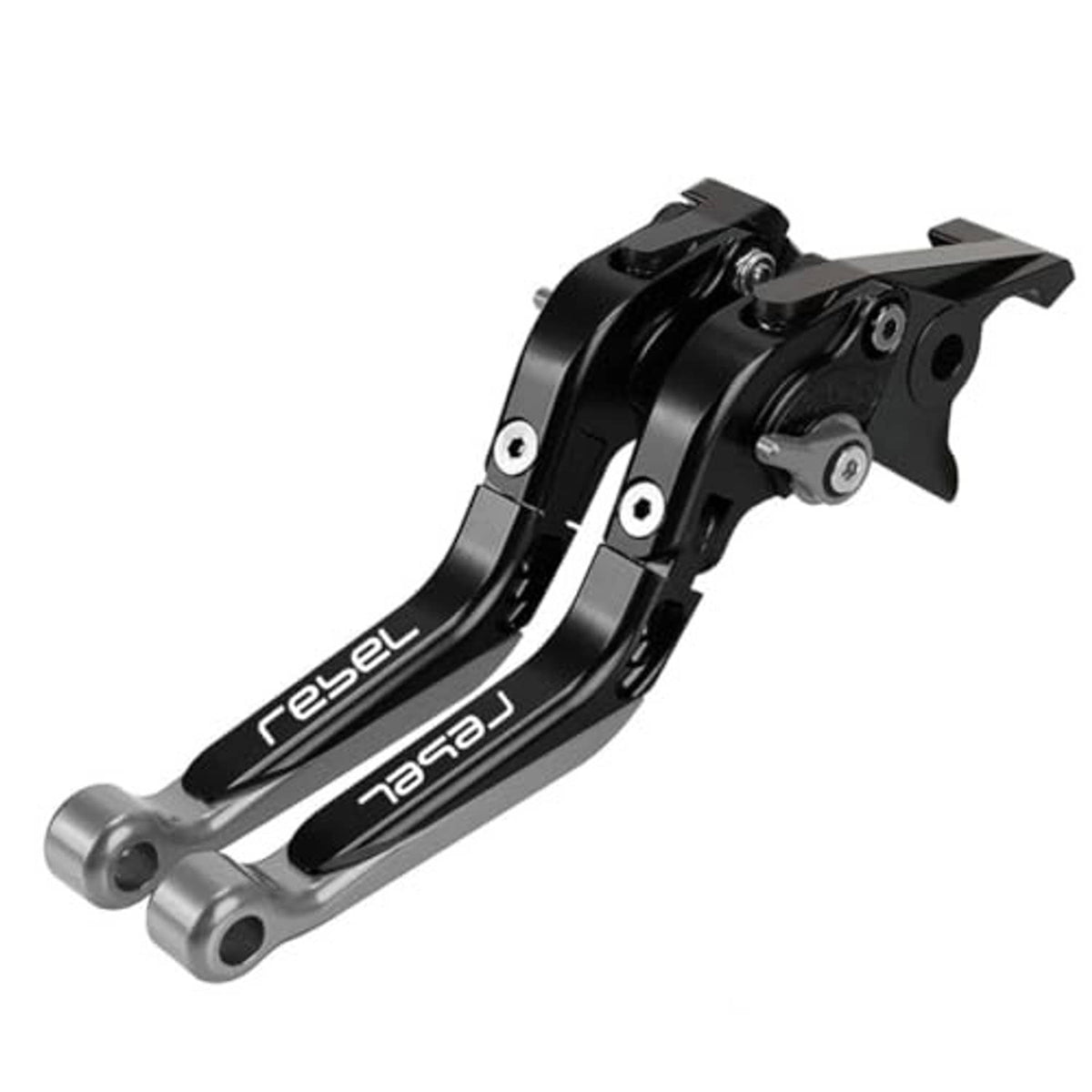Black folding extendable motorcycle brake lever pair angled view with mounting screws