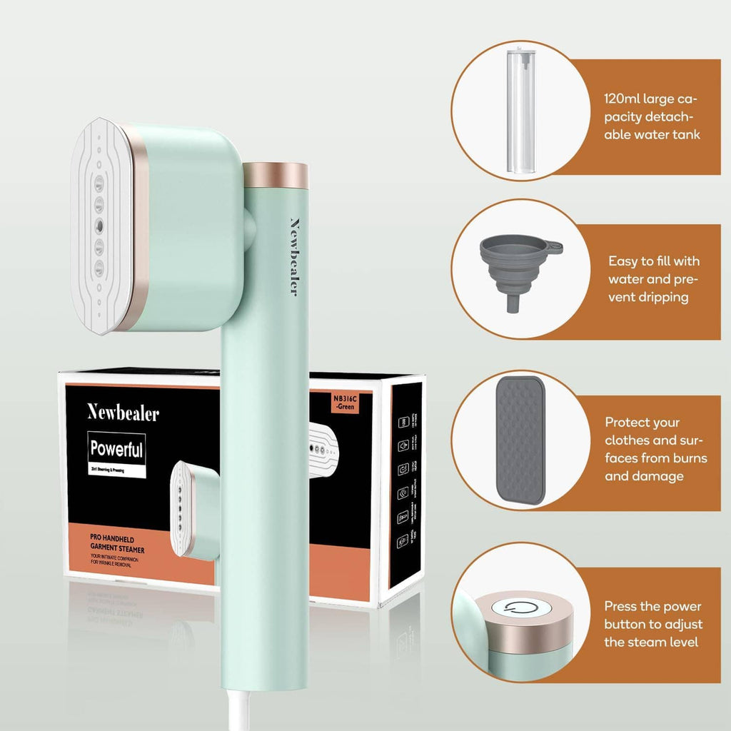 Mint clothes steamer with power button base and detachable water tank details