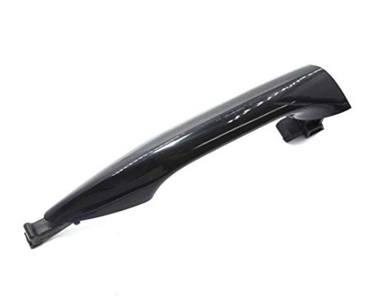Primed black front passenger door handle with long curved arm and end mounting