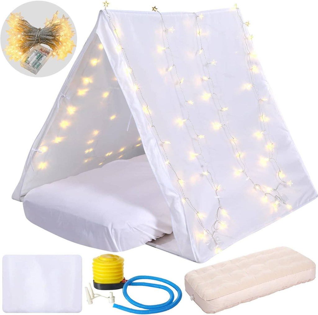 White teepee tent with warm fairy lights, inflatable airbed, and air pump kit