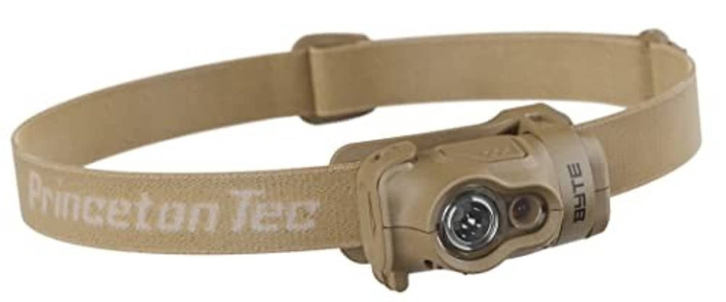 Princeton Tec Byte headlamp with tan fabric strap and dual front LED lenses