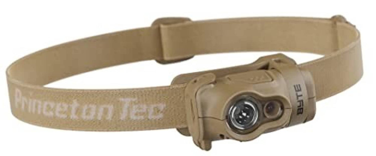 Princeton Tec Byte headlamp with tan fabric strap and dual front LED lenses