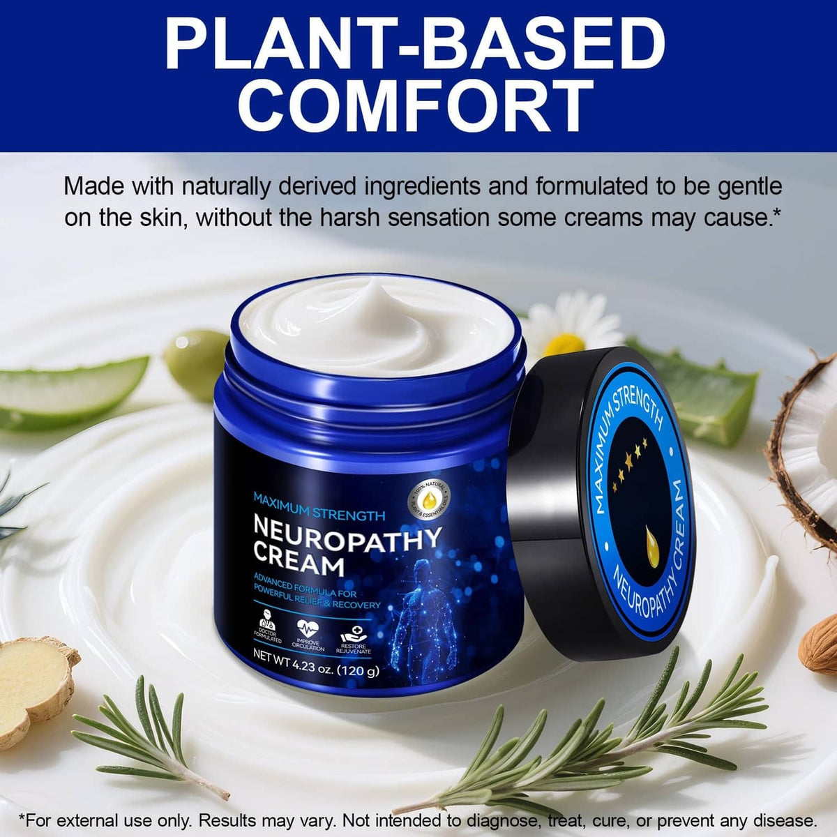 Blue and black neuropathy cream jar with open white lid and wellness ingredients