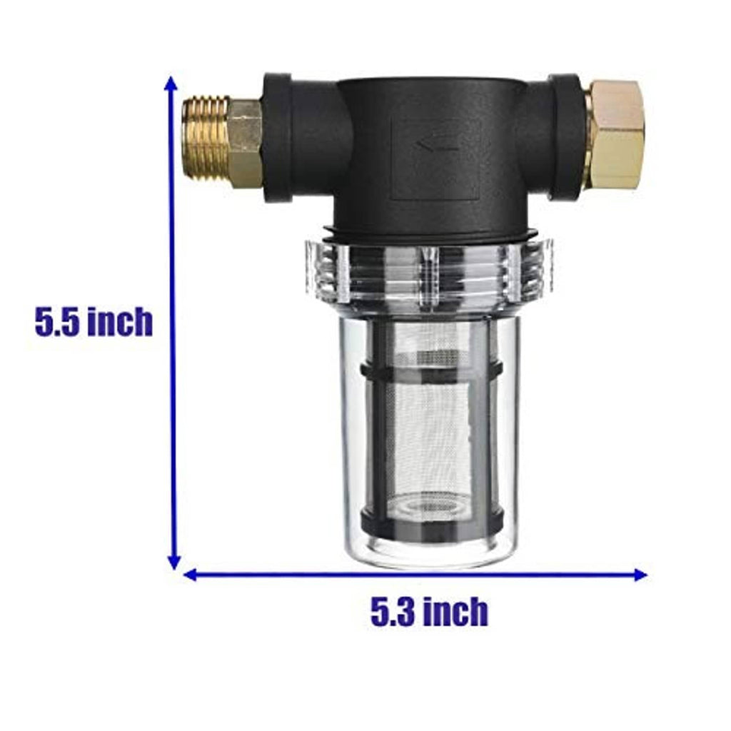 Compact inline water filter, 5.5 in height, clear cylinder with brass connector ends