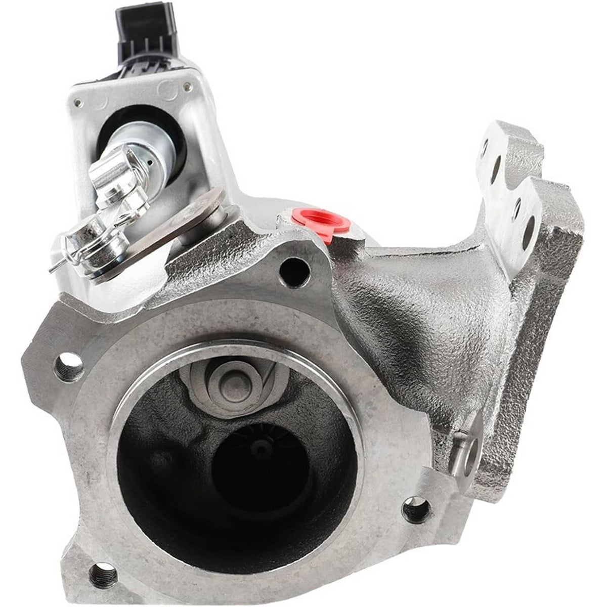 Turbocharger with round turbine inlet, silver housing, and black connector