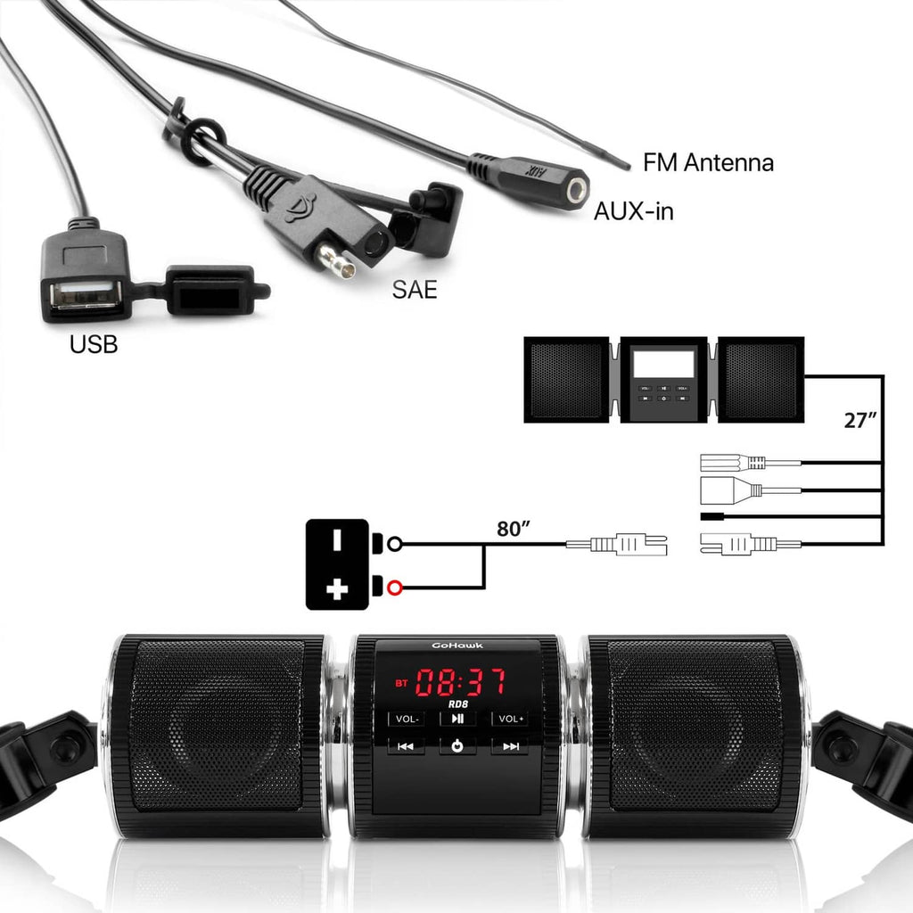 Accessory wiring and connectors for motorcycle speakers, including AUX-in, USB, and FM antenna