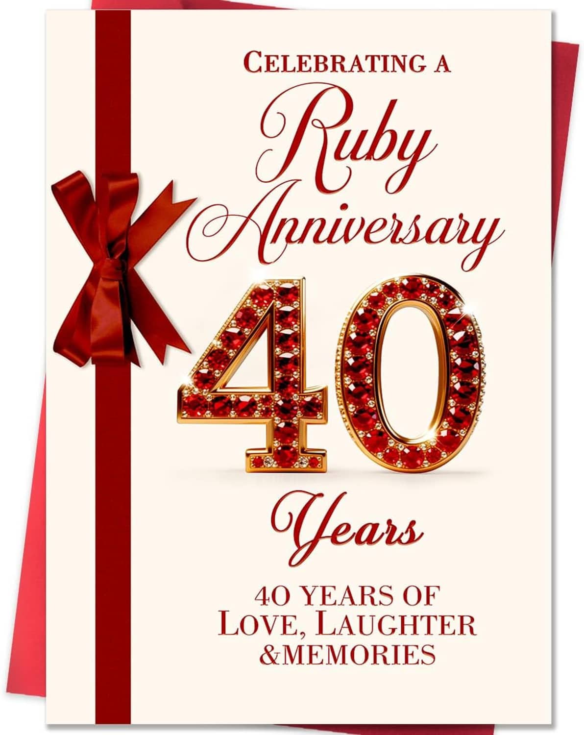 Ruby wedding anniversary card with red ribbon bow and glitter-style 40 Years text