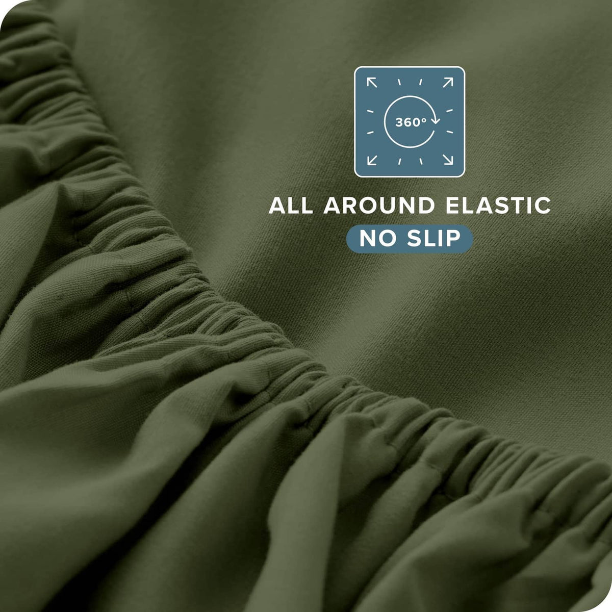 Deep olive green fitted sheet corner with all-around elastic for secure no-slip fit