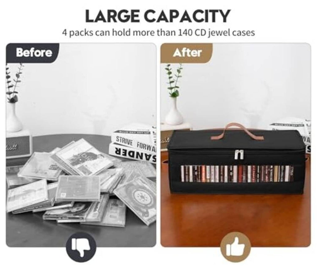 Black CD storage box with clear window and brown handle, organized jewel cases inside.