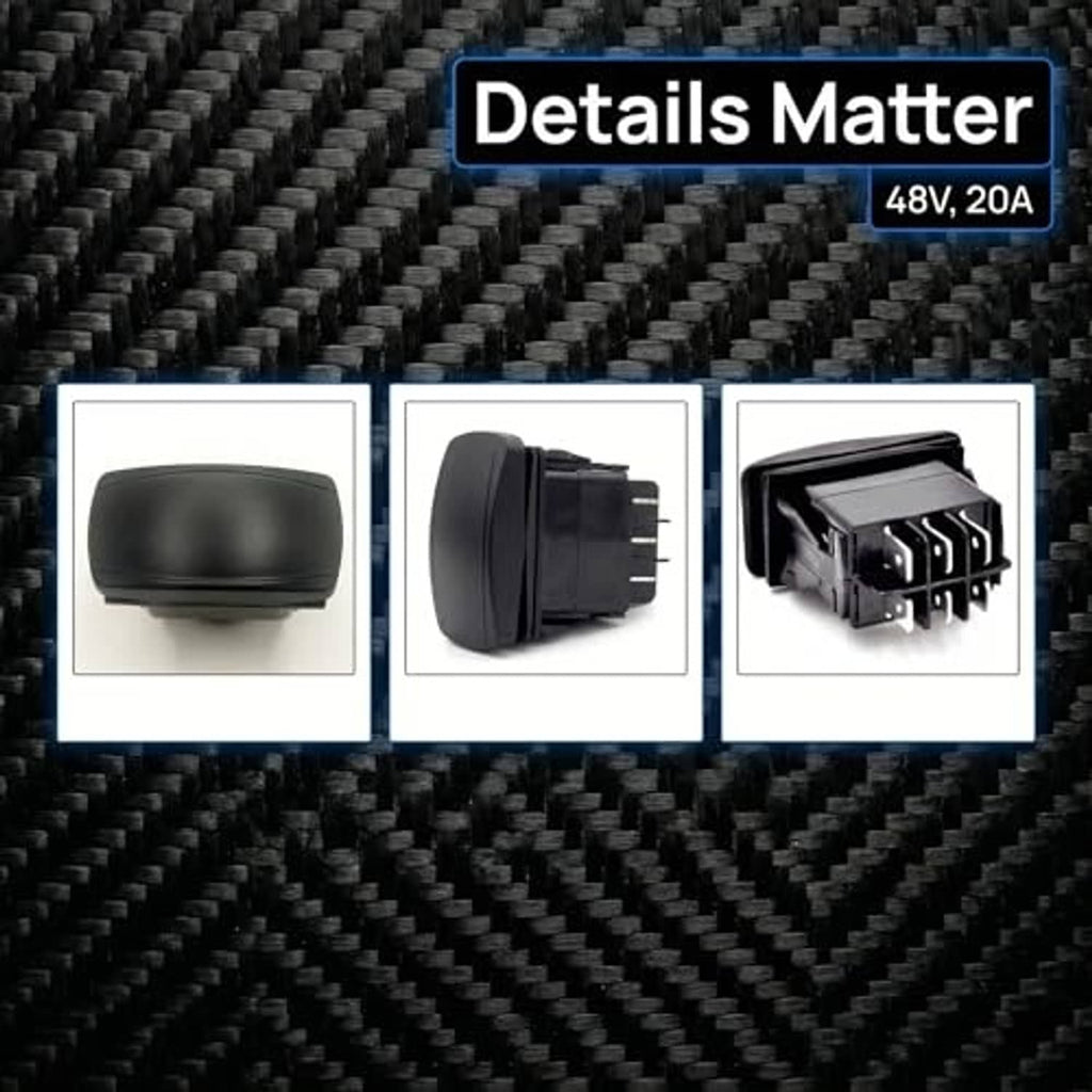 Forward/reverse rocker switch with black body and detailed terminal connections