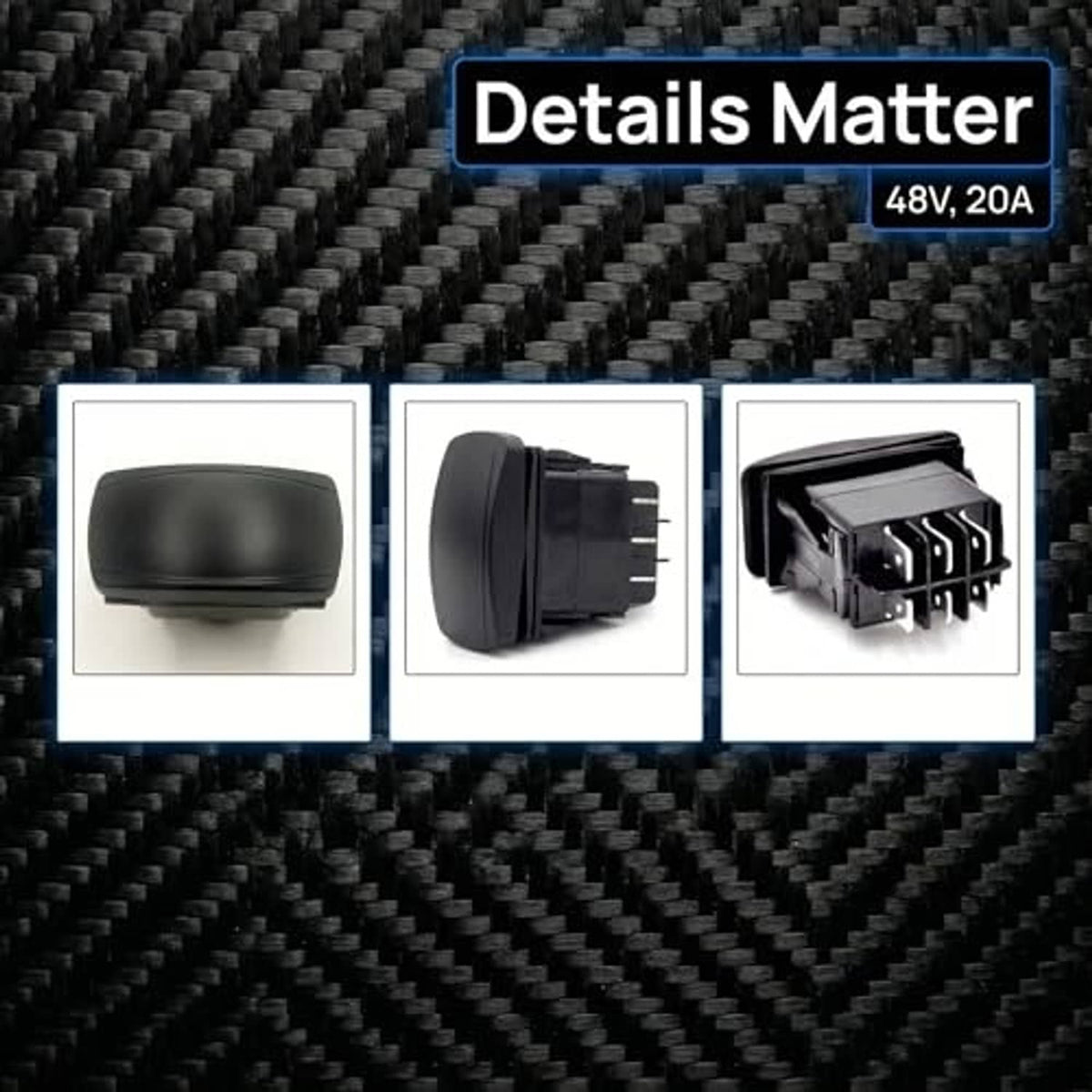 Forward/reverse rocker switch with black body and detailed terminal connections