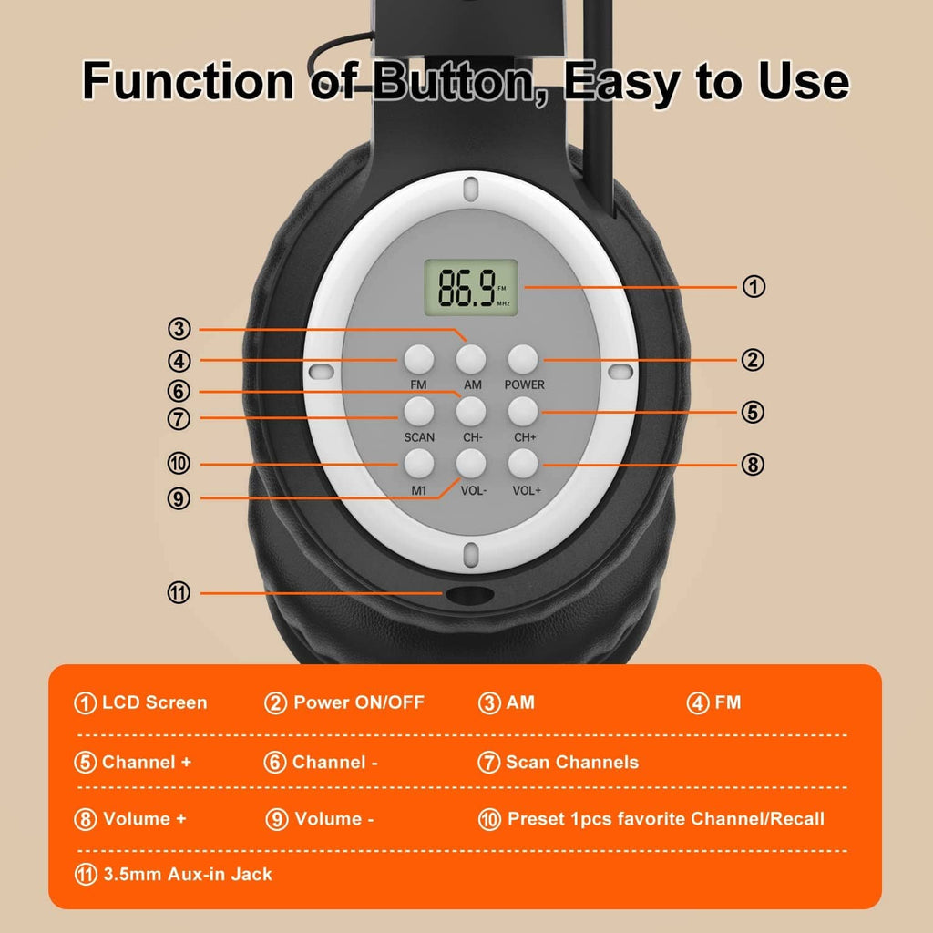 Black AM/FM radio headphone earcup with LCD screen and button controls