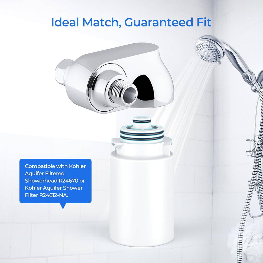 Showerhead filter replacement cartridge with top fitting, shown near a handheld showerhead