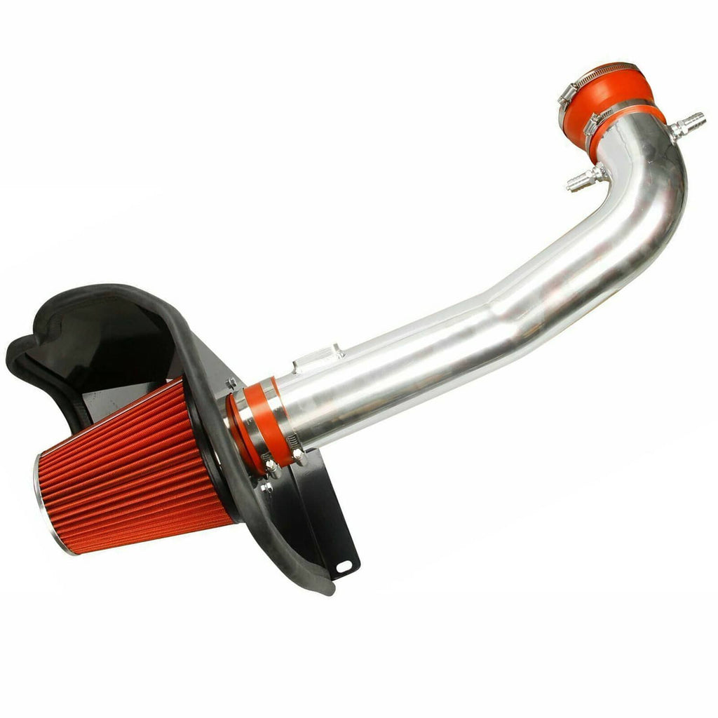 Red cone air filter with black base and silver intake pipe with orange coupler ring