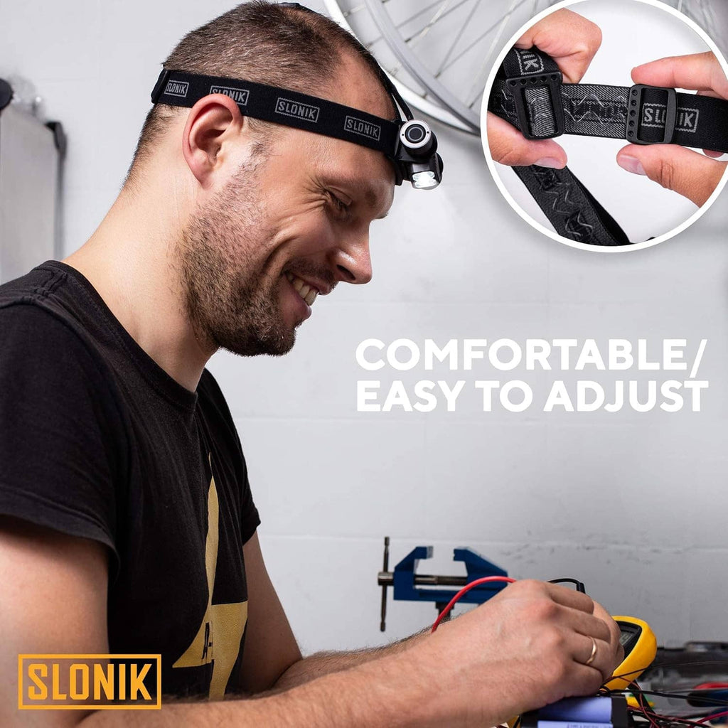 Adjustable rechargeable headlamp with dual LEDs and fabric strap