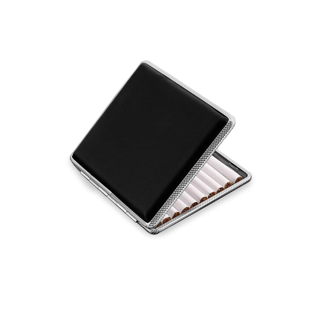 Slim black cigarette case with silver metal border, open view showing cigarette holder slots