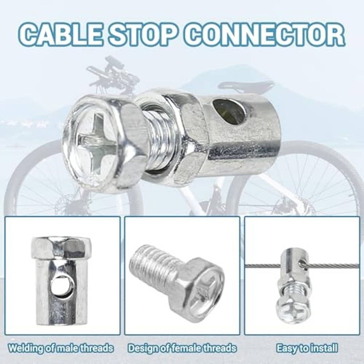 Cable stop connector for throttle/brake cable, chrome hex body with looped cable end