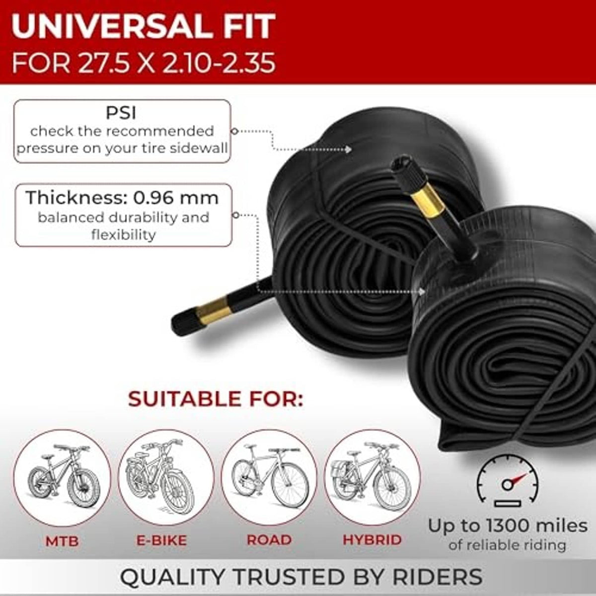 Black bike inner tube with gold Schrader valve, universal fit for 27.5 x 2.1-2.35