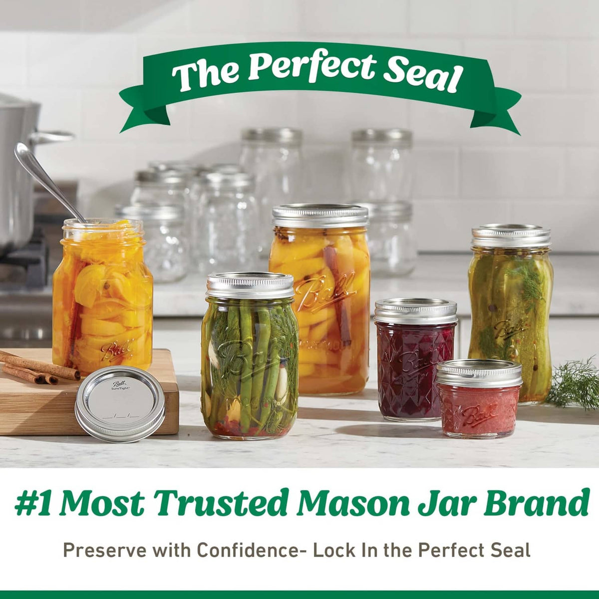 Assorted mason jars with preserved vegetables and “The Perfect Seal” banner