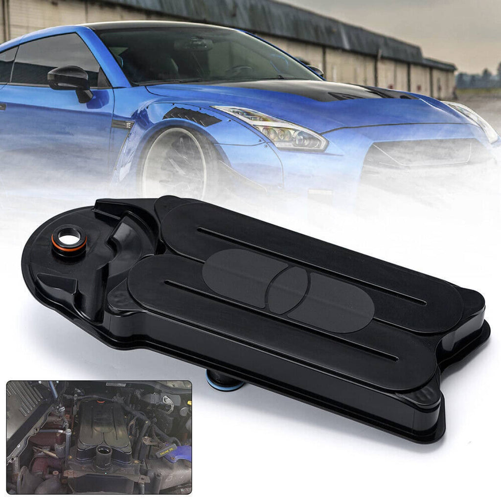 Black crankcase ventilation filter breather element with circular inlet and blue fittings