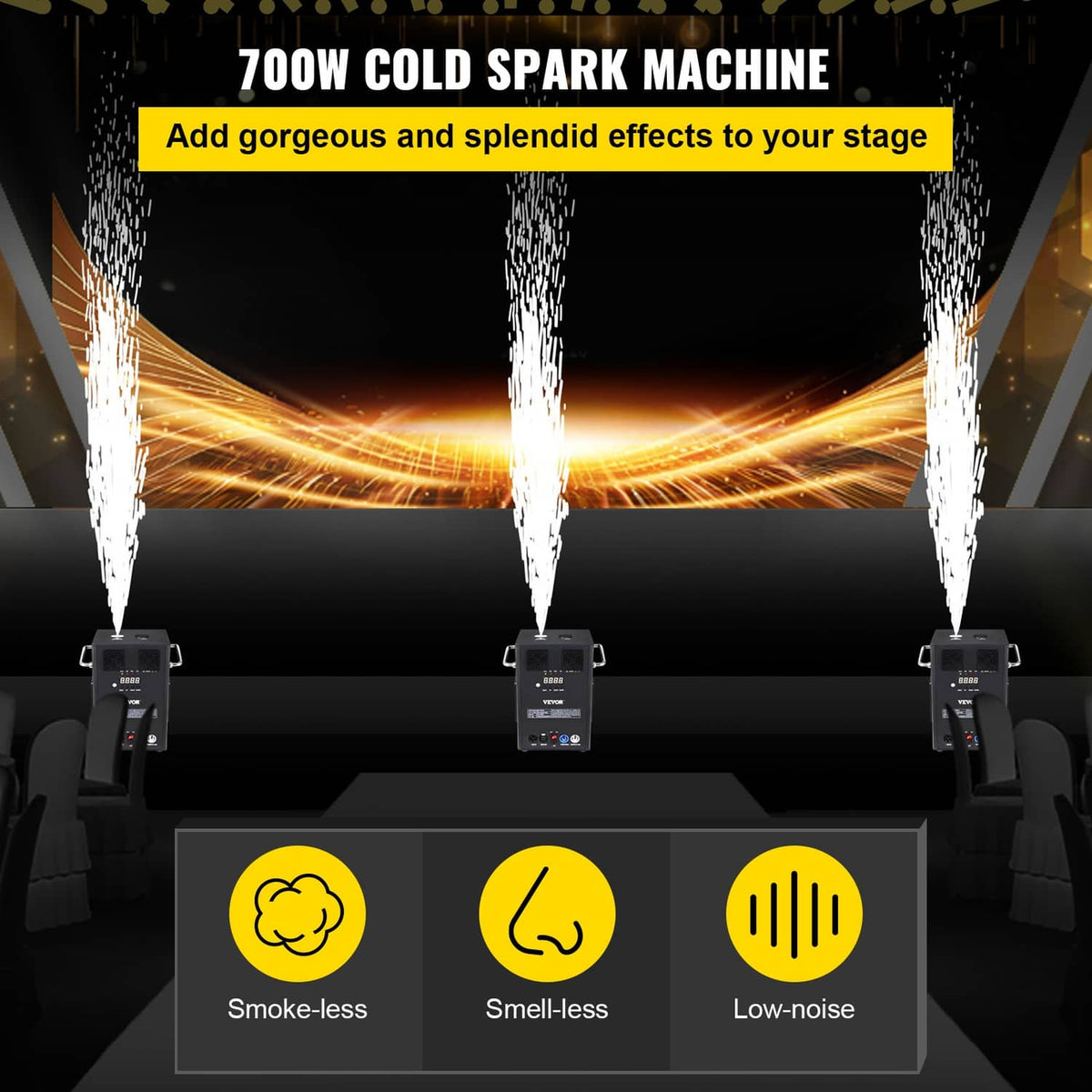 700W cold spark machine on stage with three cold spark outputs