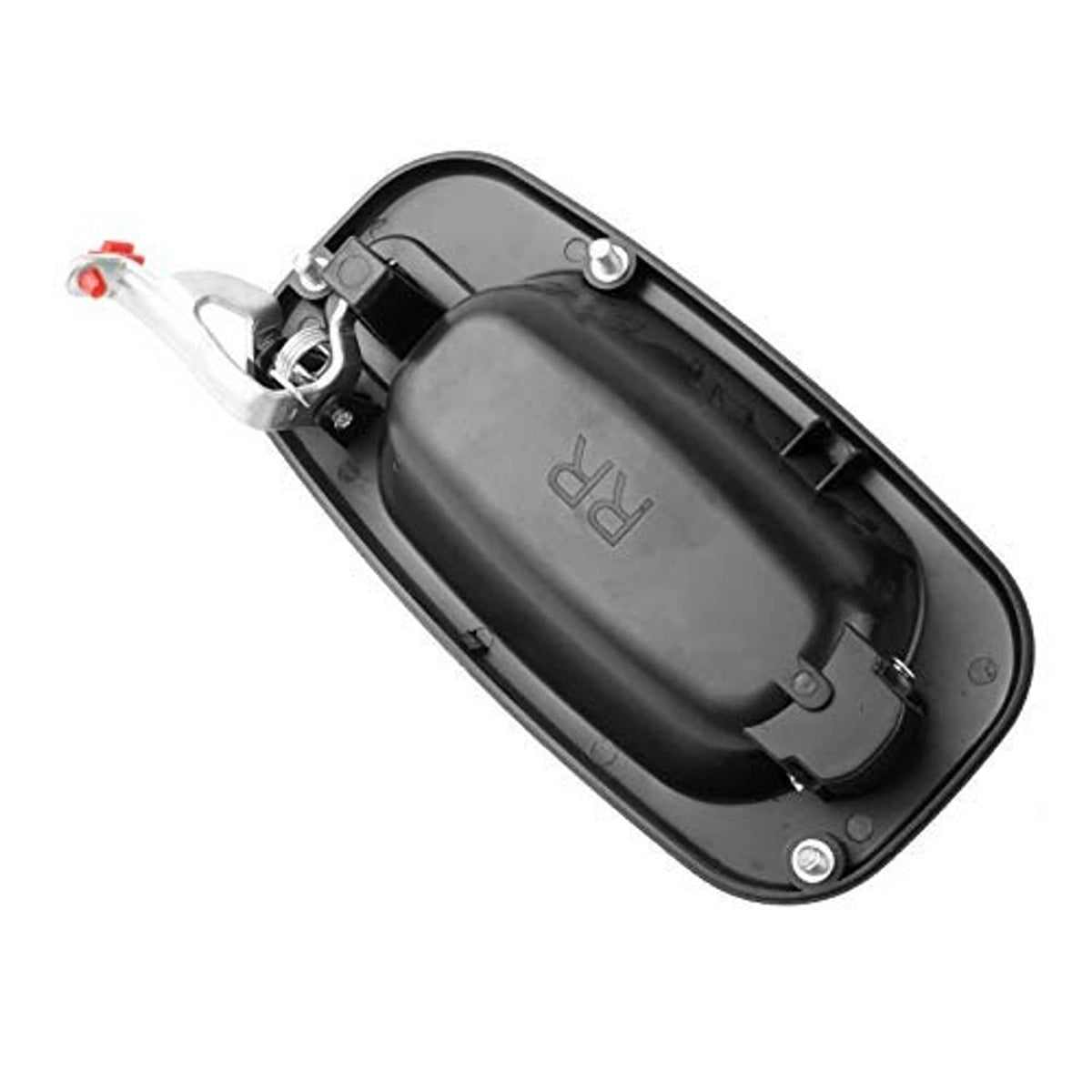 Exterior door handle back plate with mounting points and cable connectors, dark gray