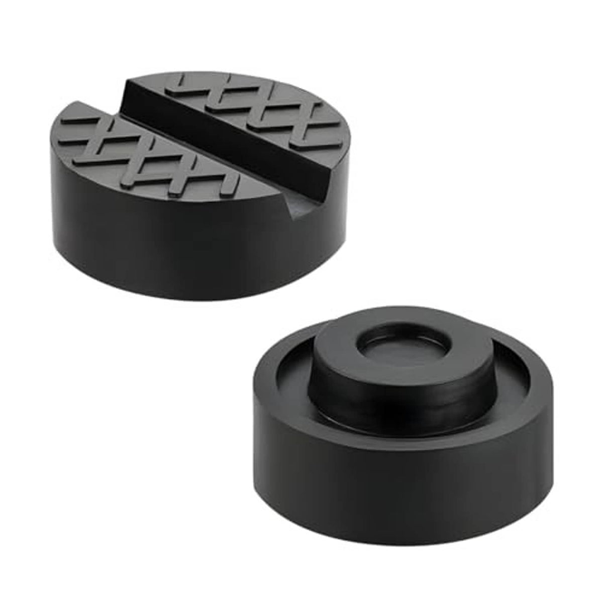 Two black rubber jack pads, one with oval center opening, textured top grip.