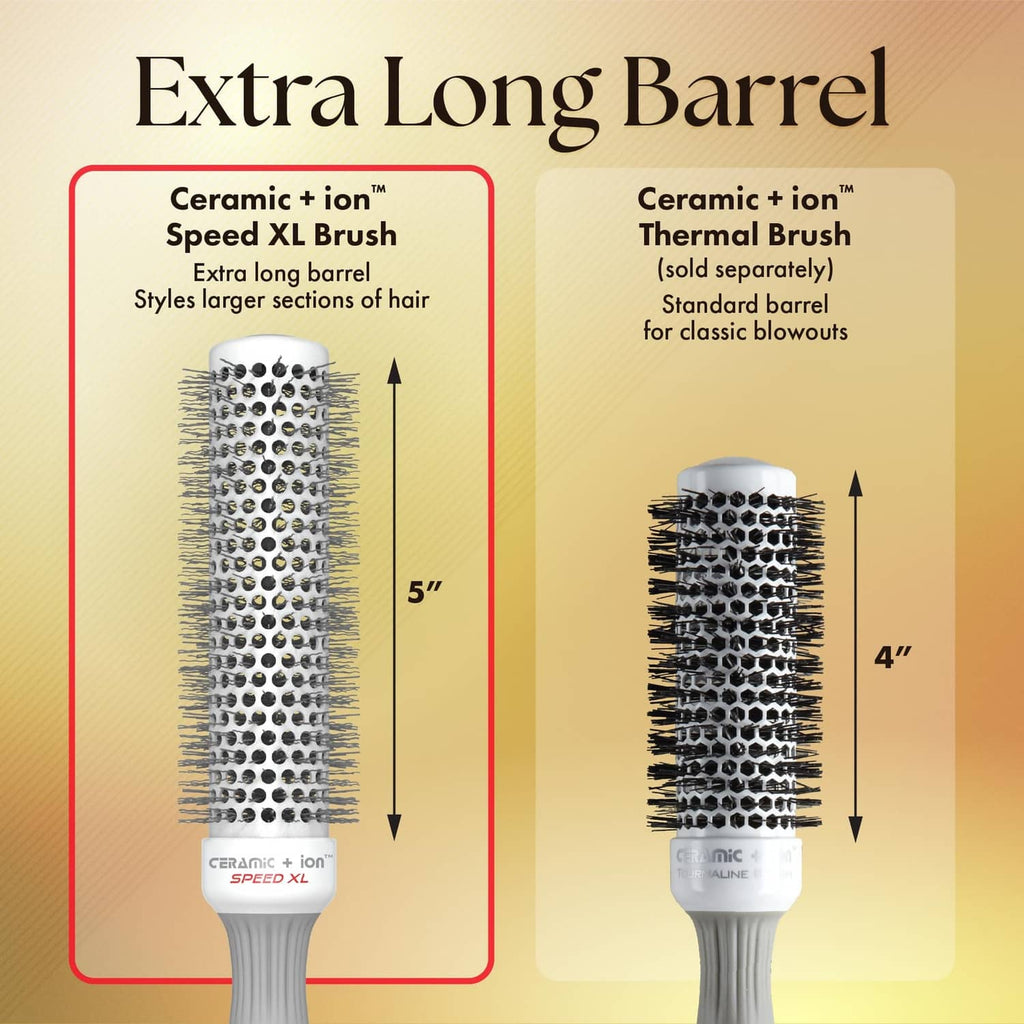 Extra-long round hair brush with ceramic+ion bristles and grey barrel base.