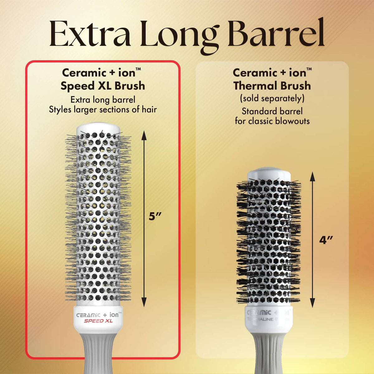 Extra-long round hair brush with ceramic+ion bristles and grey barrel base.